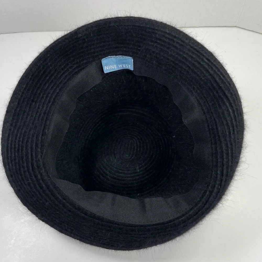 Vintage Nine West Angora Blend Cloche Bucket Hat Womens Black Fuzzy Bow Y2K